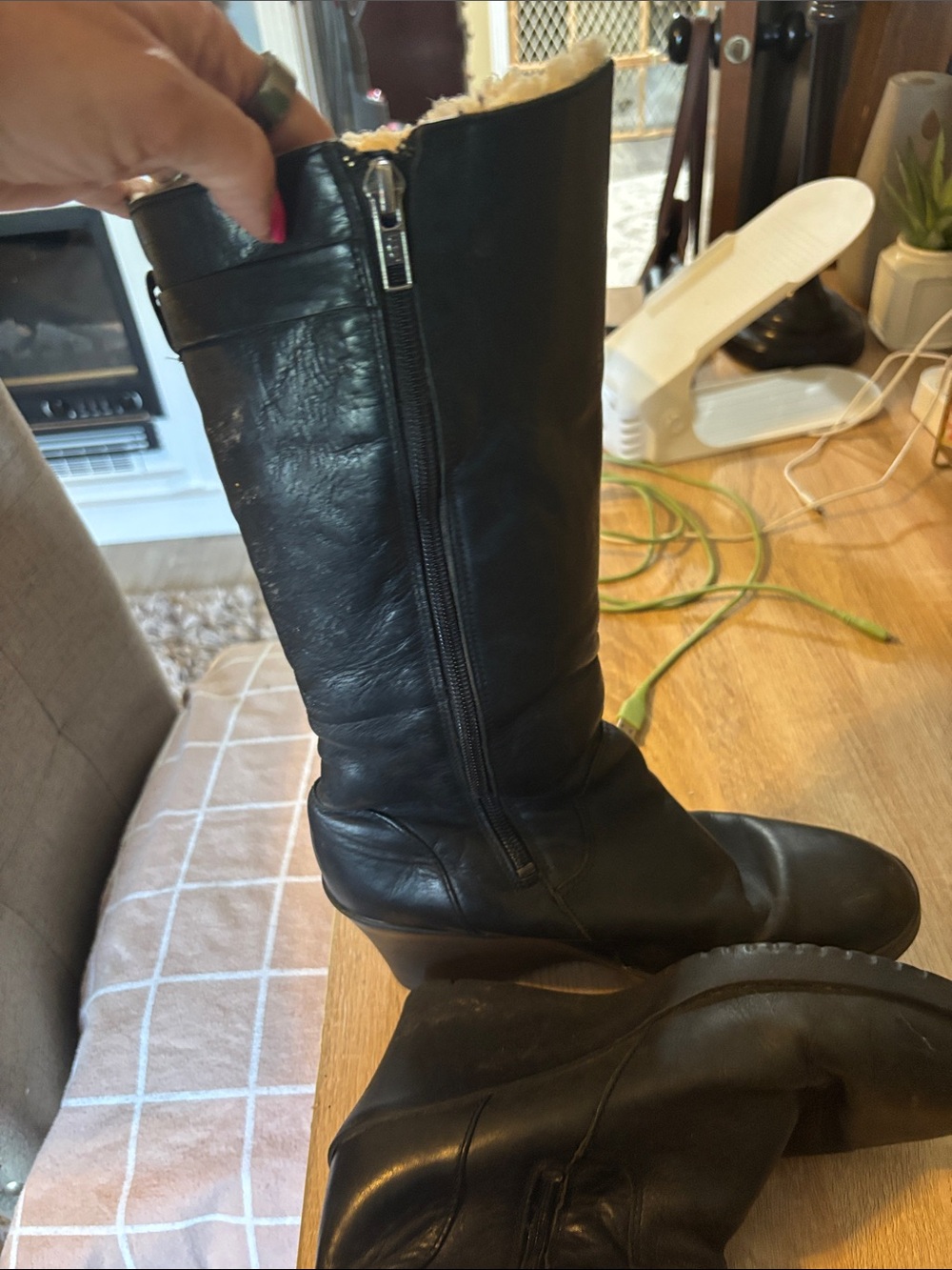 UGG Black Leather Wedge Knee-High Boots with Side Zipper - Picture 4 of 7